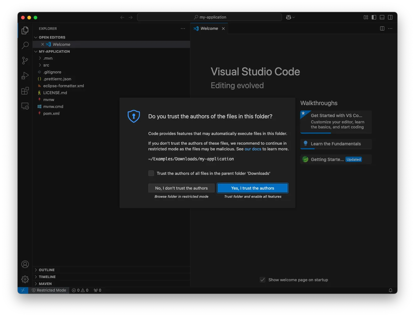 Visual Studio Code trust project confirmation dialog